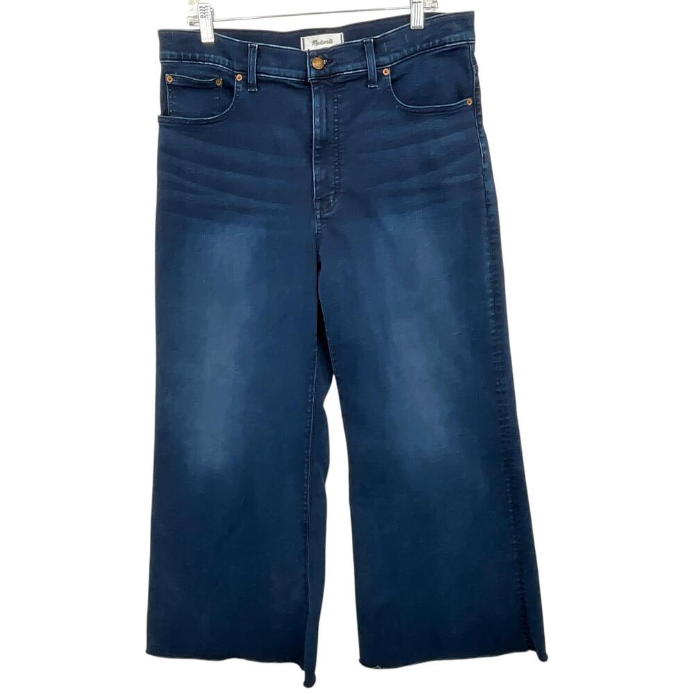 Madewell Tall Flared Wide Leg Crop Jeans Womens 32T Blue High Rise Raw Hem